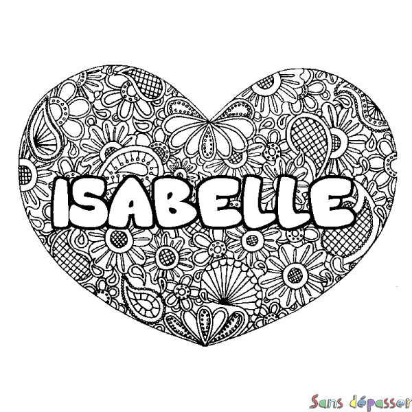 Coloriage pr&eacute;nom ISABELLE - d&eacute;cor Mandala coeur