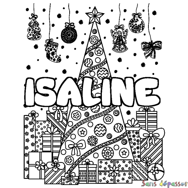 Coloriage pr&eacute;nom ISALINE - d&eacute;cor Sapin et Cadeaux