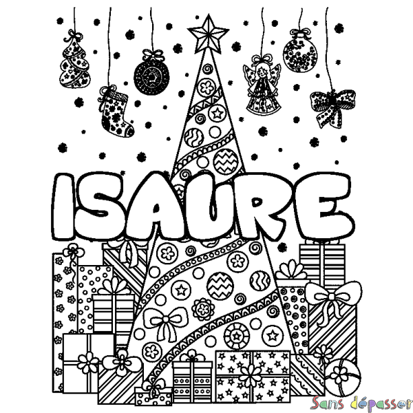 Coloriage prénom ISAURE - d&eacute;cor Sapin et Cadeaux