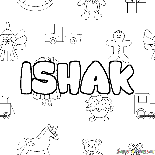 Coloriage pr&eacute;nom ISHAK - d&eacute;cor Jouets