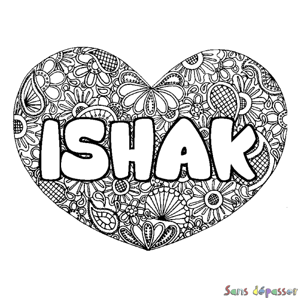 Coloriage pr&eacute;nom ISHAK - d&eacute;cor Mandala coeur