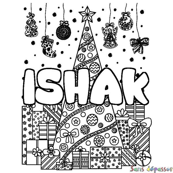 Coloriage pr&eacute;nom ISHAK - d&eacute;cor Sapin et Cadeaux