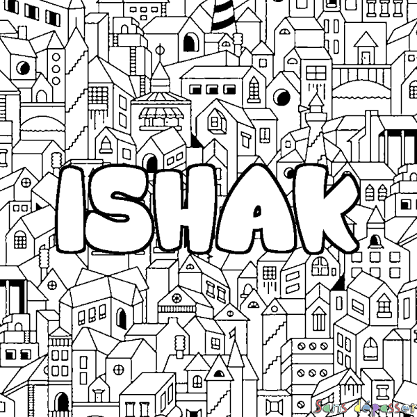 Coloriage pr&eacute;nom ISHAK - d&eacute;cor Ville