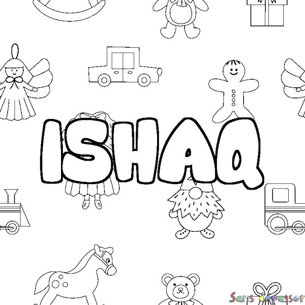 Coloriage pr&eacute;nom ISHAQ - d&eacute;cor Jouets