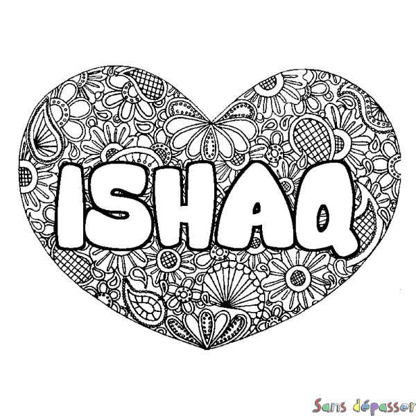 Coloriage pr&eacute;nom ISHAQ - d&eacute;cor Mandala coeur