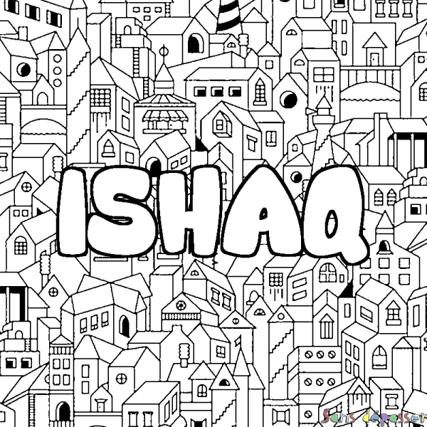 Coloriage pr&eacute;nom ISHAQ - d&eacute;cor Ville
