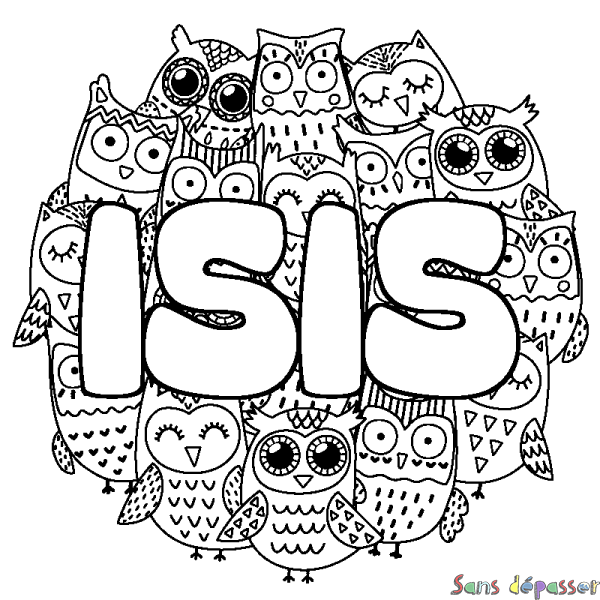 Coloriage pr&eacute;nom ISIS - d&eacute;cor Chouettes