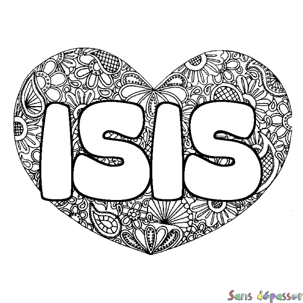 Coloriage pr&eacute;nom ISIS - d&eacute;cor Mandala coeur