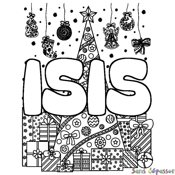 Coloriage prénom ISIS - d&eacute;cor Sapin et Cadeaux