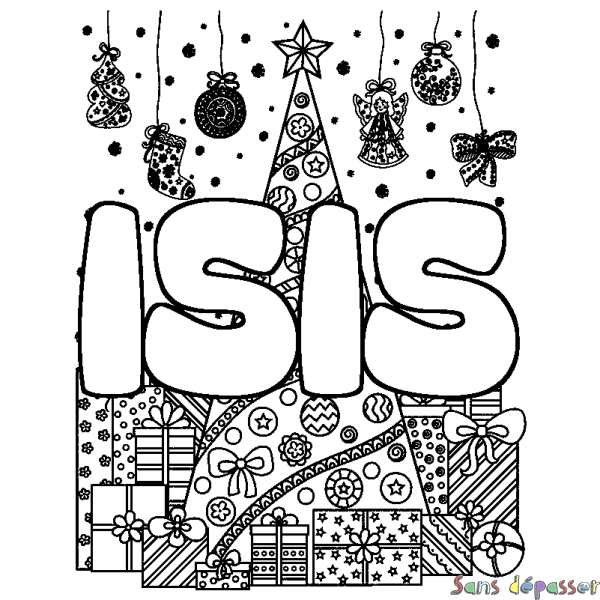 Coloriage pr&eacute;nom ISIS - d&eacute;cor Sapin et Cadeaux