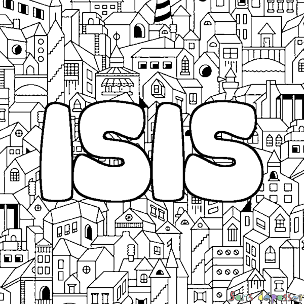 Coloriage pr&eacute;nom ISIS - d&eacute;cor Ville
