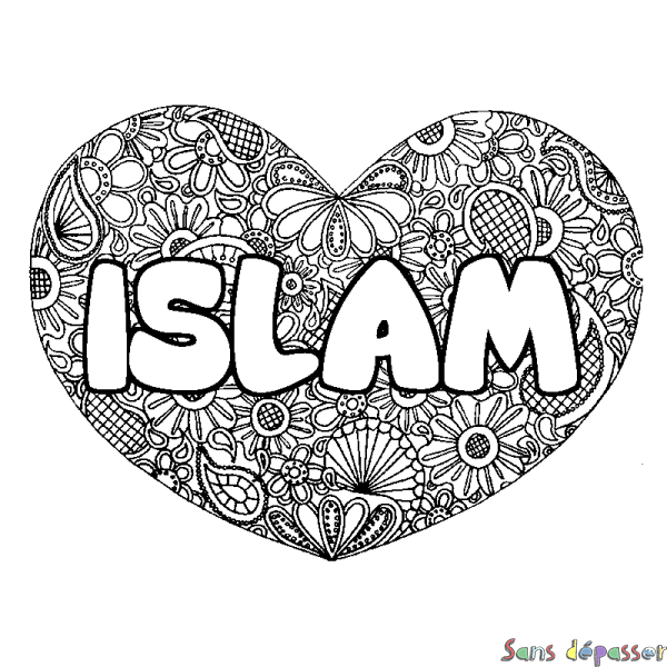 Coloriage pr&eacute;nom ISLAM - d&eacute;cor Mandala coeur