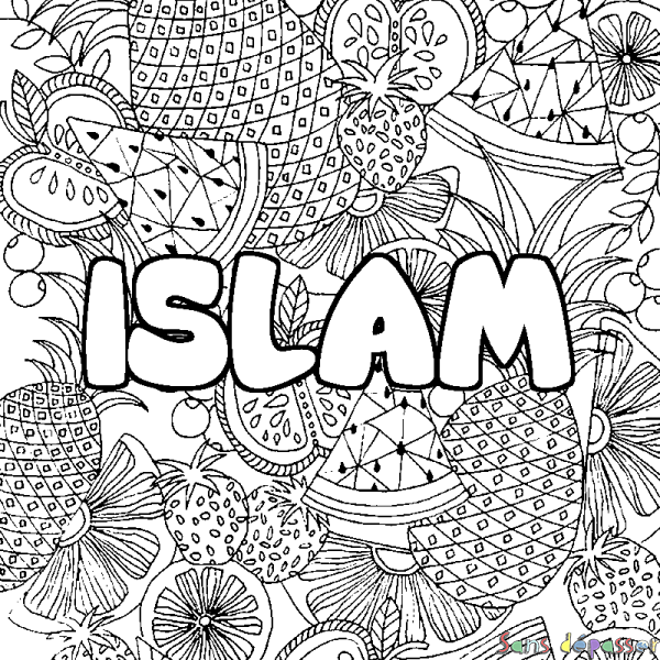 Coloriage pr&eacute;nom ISLAM - d&eacute;cor Mandala fruits