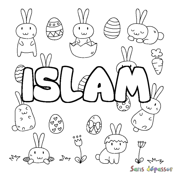 Coloriage pr&eacute;nom ISLAM - d&eacute;cor Paques