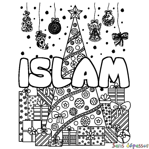 Coloriage pr&eacute;nom ISLAM - d&eacute;cor Sapin et Cadeaux