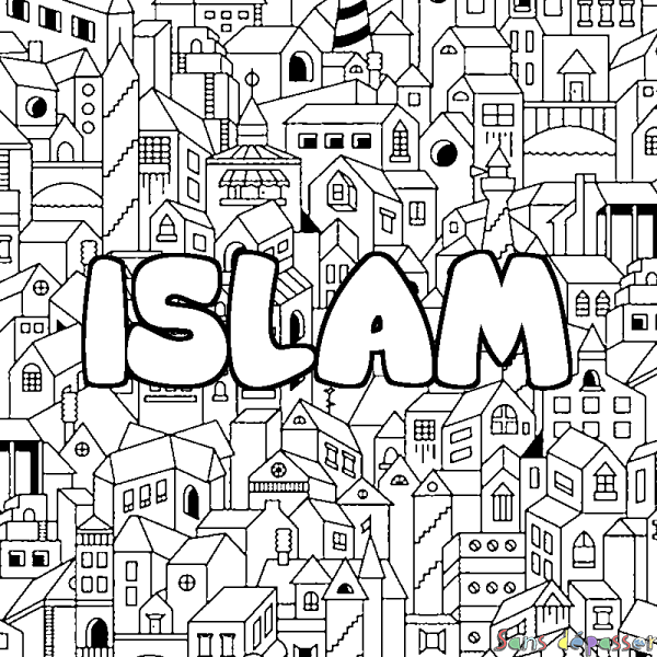 Coloriage pr&eacute;nom ISLAM - d&eacute;cor Ville