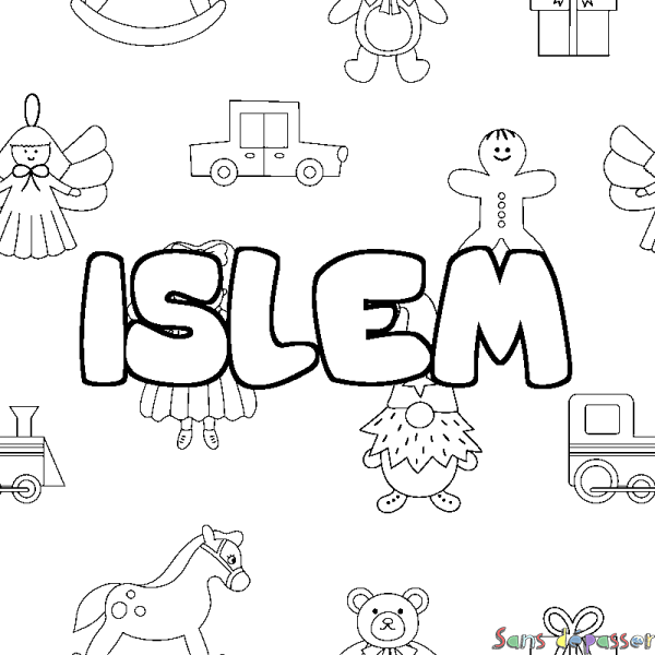 Coloriage pr&eacute;nom ISLEM - d&eacute;cor Jouets