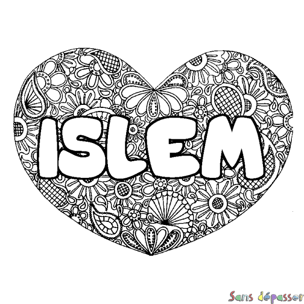 Coloriage pr&eacute;nom ISLEM - d&eacute;cor Mandala coeur