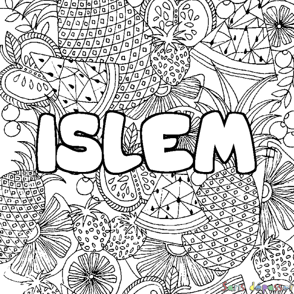 Coloriage pr&eacute;nom ISLEM - d&eacute;cor Mandala fruits