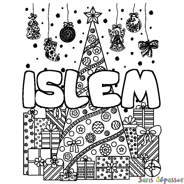 Coloriage pr&eacute;nom ISLEM - d&eacute;cor Sapin et Cadeaux