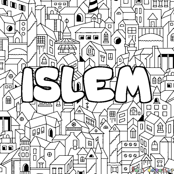 Coloriage pr&eacute;nom ISLEM - d&eacute;cor Ville