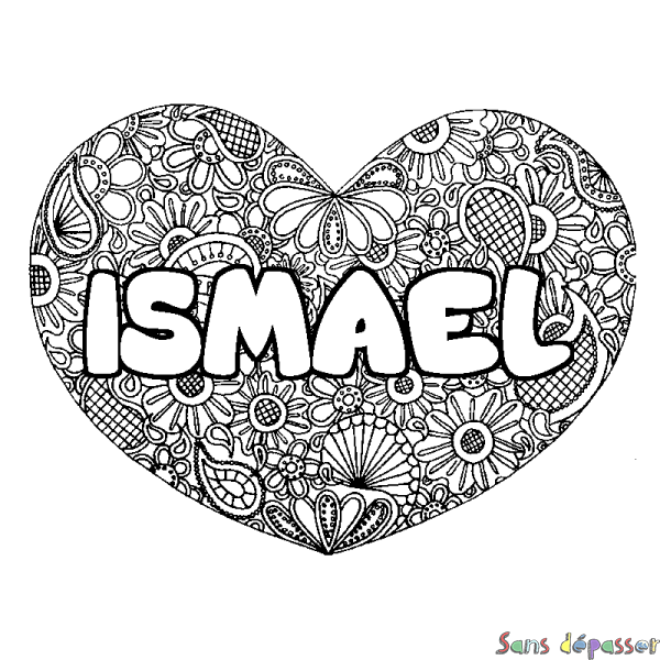 Coloriage pr&eacute;nom ISMAEL - d&eacute;cor Mandala coeur