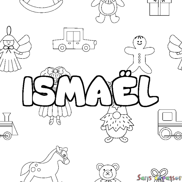Coloriage pr&eacute;nom ISMA&Euml;L - d&eacute;cor Jouets