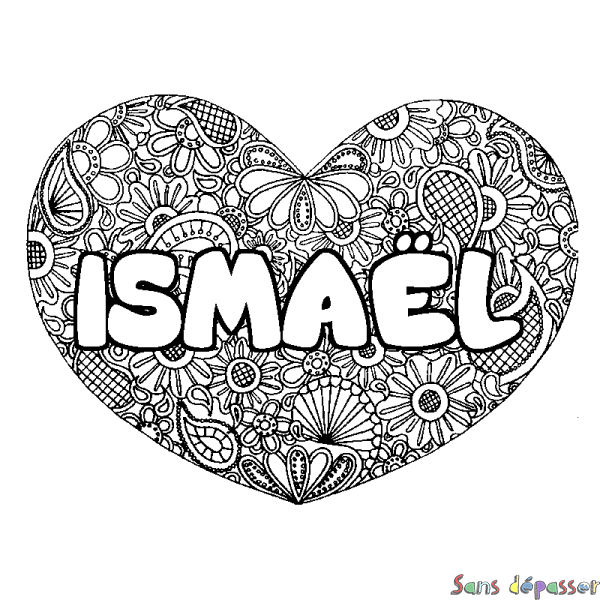 Coloriage pr&eacute;nom ISMA&Euml;L - d&eacute;cor Mandala coeur