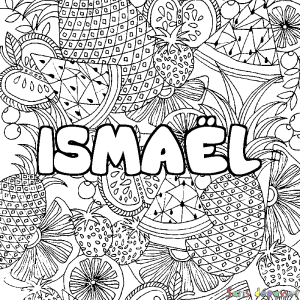 Coloriage pr&eacute;nom ISMA&Euml;L - d&eacute;cor Mandala fruits