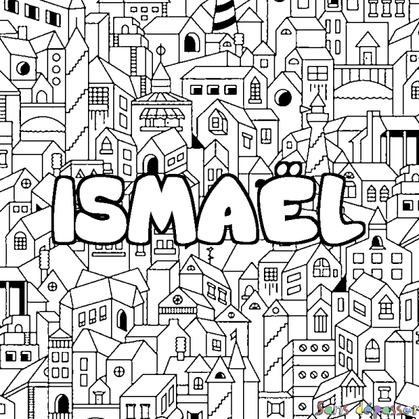 Coloriage pr&eacute;nom ISMA&Euml;L - d&eacute;cor Ville