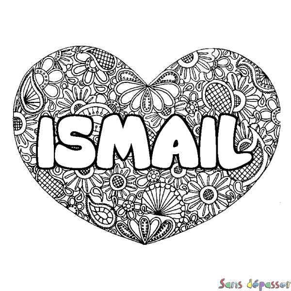 Coloriage pr&eacute;nom ISMAIL - d&eacute;cor Mandala coeur