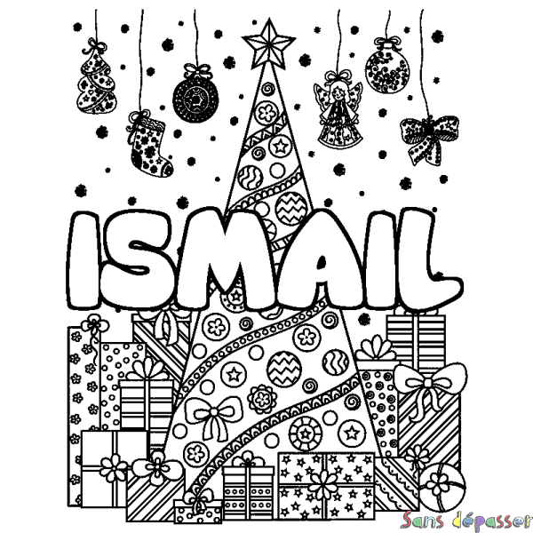 Coloriage pr&eacute;nom ISMAIL - d&eacute;cor Sapin et Cadeaux