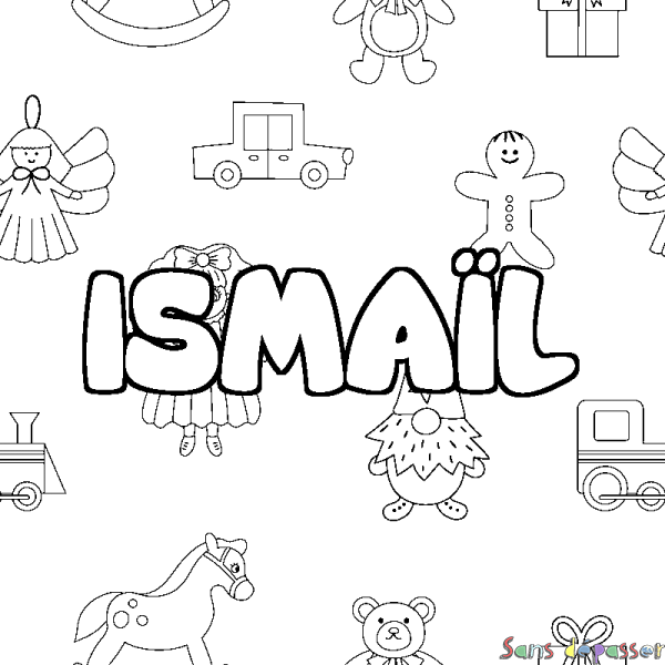 Coloriage pr&eacute;nom ISMA&Iuml;L - d&eacute;cor Jouets