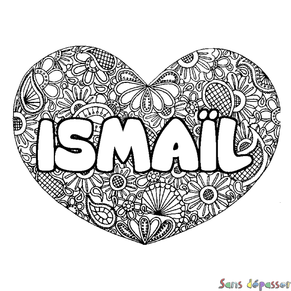 Coloriage prénom ISMA&Iuml;L - d&eacute;cor Mandala coeur