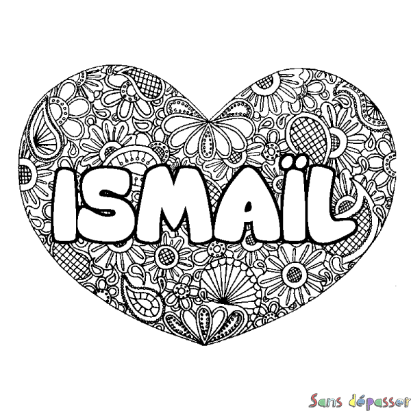 Coloriage pr&eacute;nom ISMA&Iuml;L - d&eacute;cor Mandala coeur