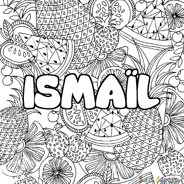 Coloriage pr&eacute;nom ISMA&Iuml;L - d&eacute;cor Mandala fruits