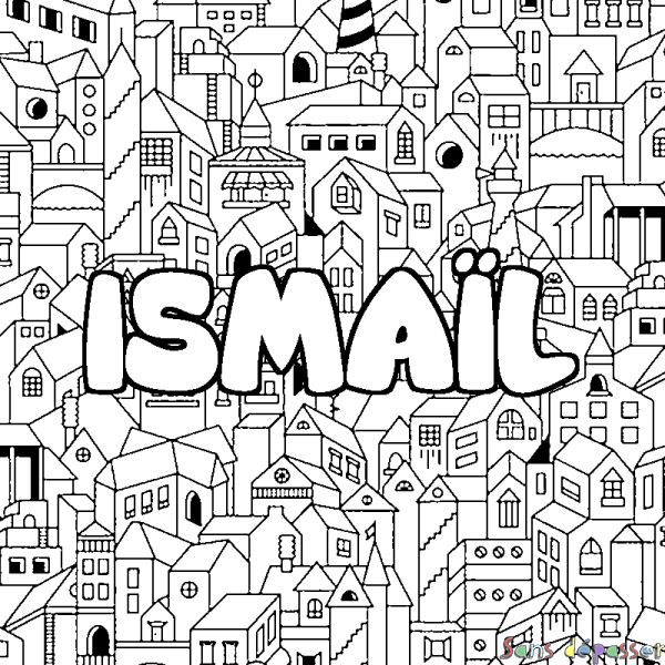 Coloriage pr&eacute;nom ISMA&Iuml;L - d&eacute;cor Ville