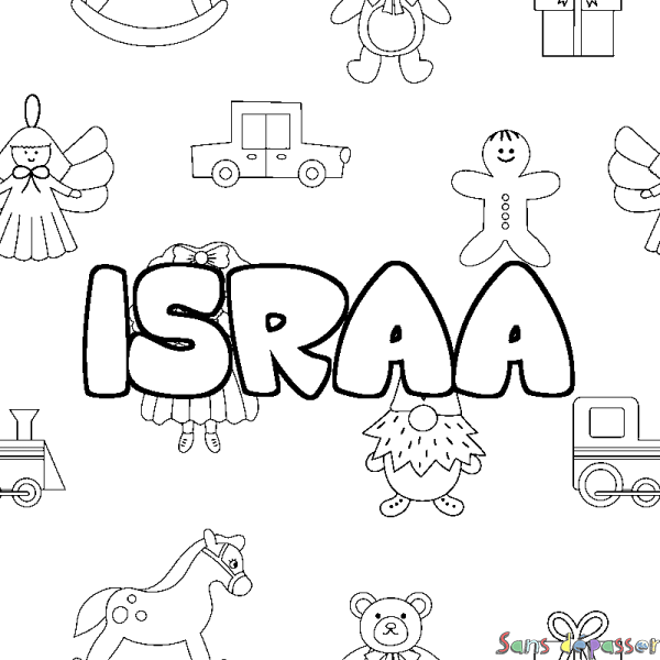 Coloriage pr&eacute;nom ISRAA - d&eacute;cor Jouets