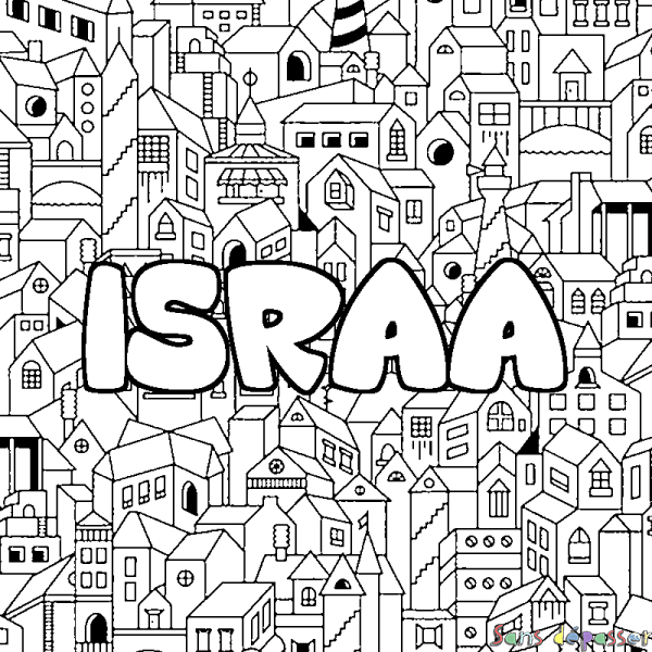 Coloriage pr&eacute;nom ISRAA - d&eacute;cor Ville