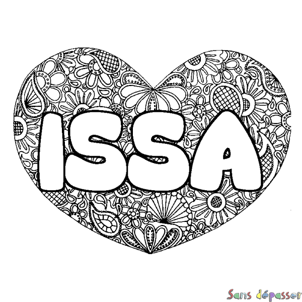 Coloriage pr&eacute;nom ISSA - d&eacute;cor Mandala coeur