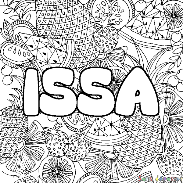 Coloriage pr&eacute;nom ISSA - d&eacute;cor Mandala fruits