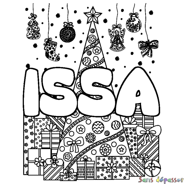 Coloriage prénom ISSA - d&eacute;cor Sapin et Cadeaux