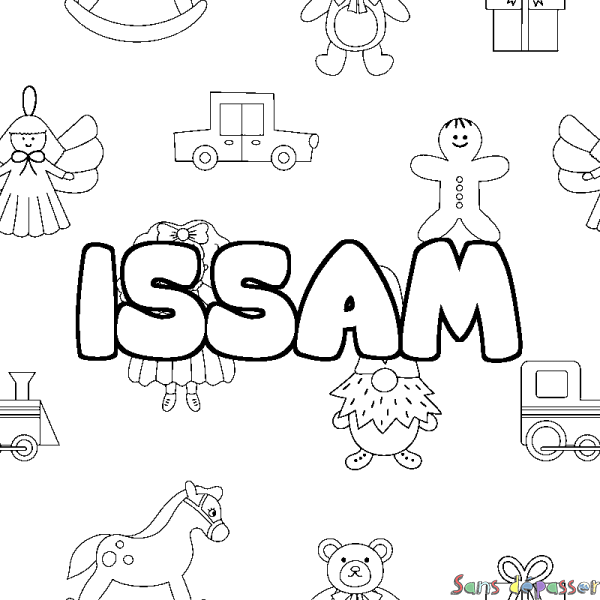 Coloriage pr&eacute;nom ISSAM - d&eacute;cor Jouets