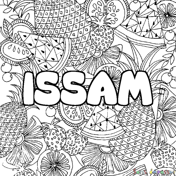 Coloriage pr&eacute;nom ISSAM - d&eacute;cor Mandala fruits