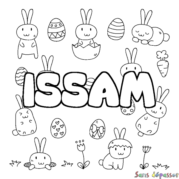 Coloriage pr&eacute;nom ISSAM - d&eacute;cor Paques