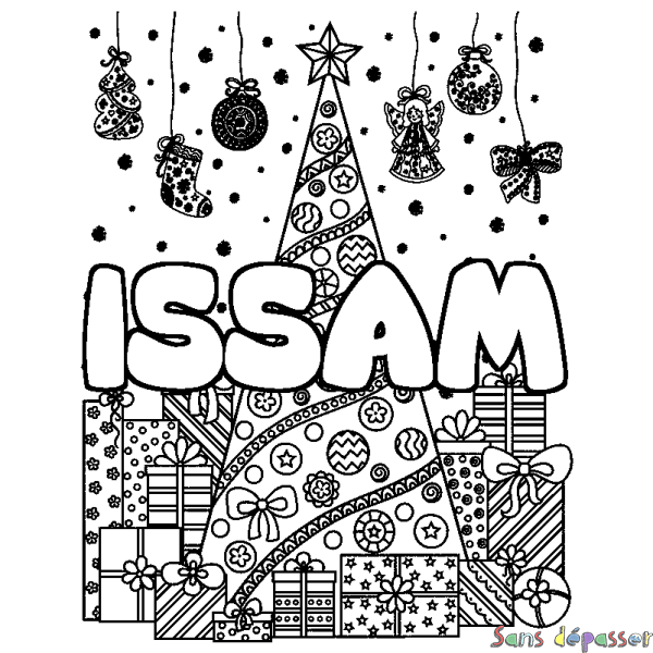 Coloriage prénom ISSAM - d&eacute;cor Sapin et Cadeaux