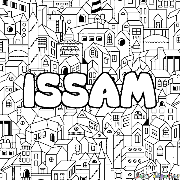 Coloriage pr&eacute;nom ISSAM - d&eacute;cor Ville