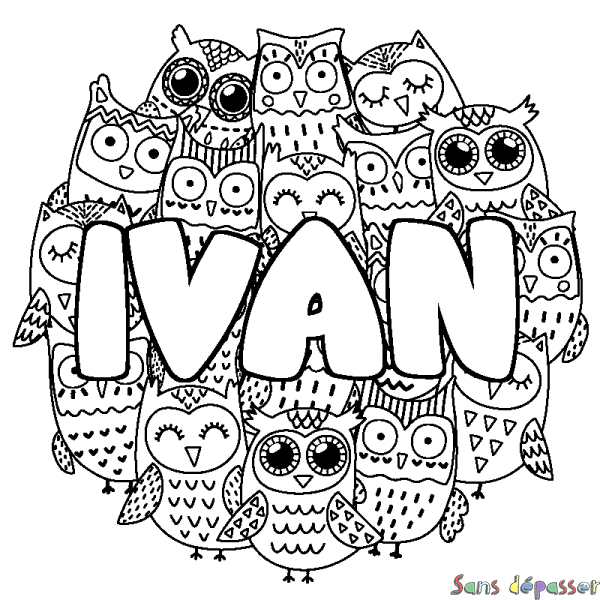 Coloriage pr&eacute;nom IVAN - d&eacute;cor Chouettes