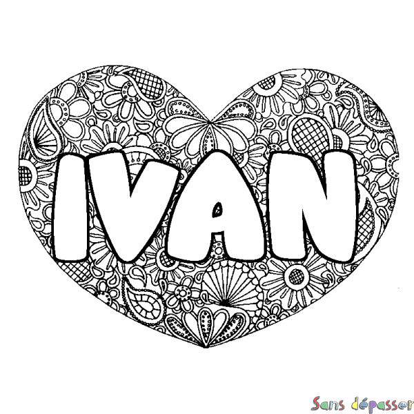 Coloriage pr&eacute;nom IVAN - d&eacute;cor Mandala coeur