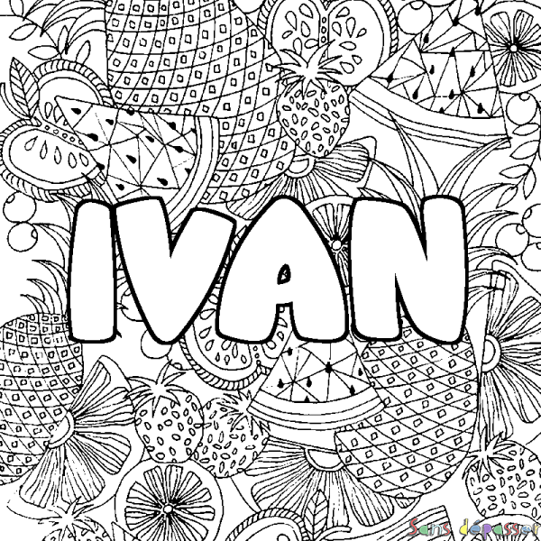 Coloriage pr&eacute;nom IVAN - d&eacute;cor Mandala fruits